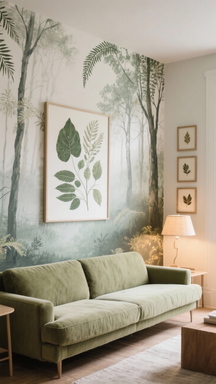 Wide shot of a focal wall behind a sofa featuring a misty woodland mural with hand-drawn leaf and fern motifs; furniture kept simple with solid-colored textiles in muted greens and creams; oversized botanical art print on adjacent wall and a small gallery of framed pressed leaves with linen mats; balanced natural daylight and warm lamp glow for softness; angled view of the wall.