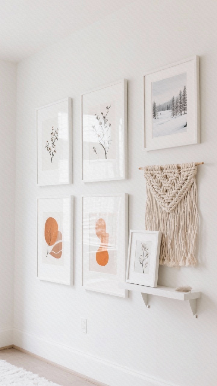 Wide shot of a gallery wall refresh: a clean white wall with uniform white-framed prints featuring winter botanicals, snowy minimal landscapes, and abstract art with soft whites and warm orange/rust tones; 2–3 prints emphasize white space and hints of tangerine; a cream woven wall hanging adds texture among the frames; some frames lean casually on a shallow white shelf to avoid wall holes; overall calm, winter-luxe mood with diffuse daylight; straight-on view.