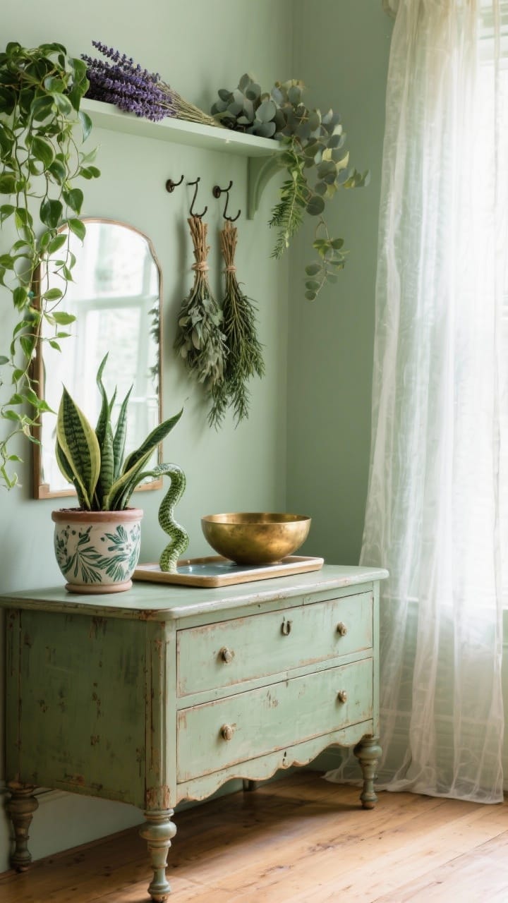 Wide shot of a green-witch corner: a vintage dresser topped with footed ceramic planters holding a snake plant and ZZ plant, trailing pothos from a high shelf; dried lavender, eucalyptus, and rosemary bundles hung on small hooks and draped across a mirror; a brass bowl used as a planter; a water tray beneath pots to protect wood; soft daylight filtering through gauzy curtains.