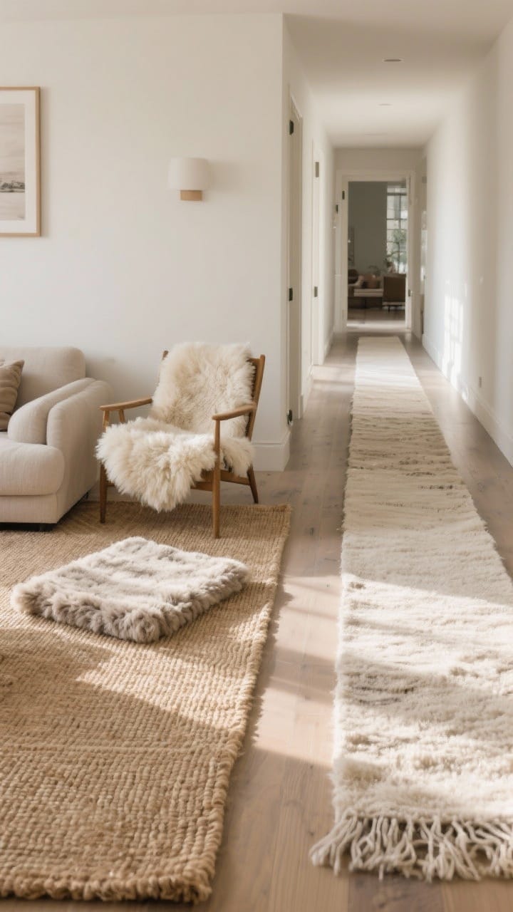 Wide shot of a living room floor showcasing soft rugs: a large natural jute flatweave rug topped with a smaller plush wool-blend rug; a sheepskin layered near an accent chair; a long runner visible down the hallway; cozy, sound-softening textures in a neutral palette; winter-friendly, washable look; slightly oversized rugs anchoring furniture, warm morning light.