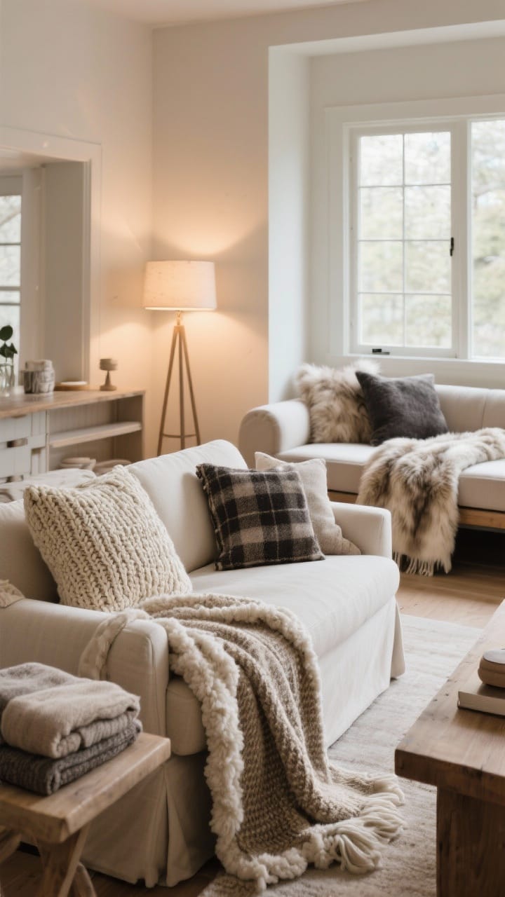 Wide shot of a living room with abundant throw blankets in mixed weights and weaves: a chunky knit and lightweight cashmere pair layered on the sofa, sherpa and flannel folded at the foot of a daybed in the background, and a faux fur throw casually draped across a bench; mix of cream, taupe, and charcoal textiles; soft warm lamp light; styling looks intentional but relaxed.