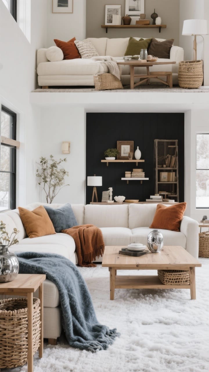 Wide shot of a living space showcasing an intentional winter palette: options shown in decor—soft neutrals (cream, oat, camel, stone with black accents) or an earthy warm scheme (rust, olive, tobacco, chocolate) or a frosty calm mix (icy blue, charcoal, taupe, white with silver/pewter touches); basket tones matched to wood furniture (light with light, dark with dark); throws pull accent colors; balanced, serene lighting that feels collected and cohesive.