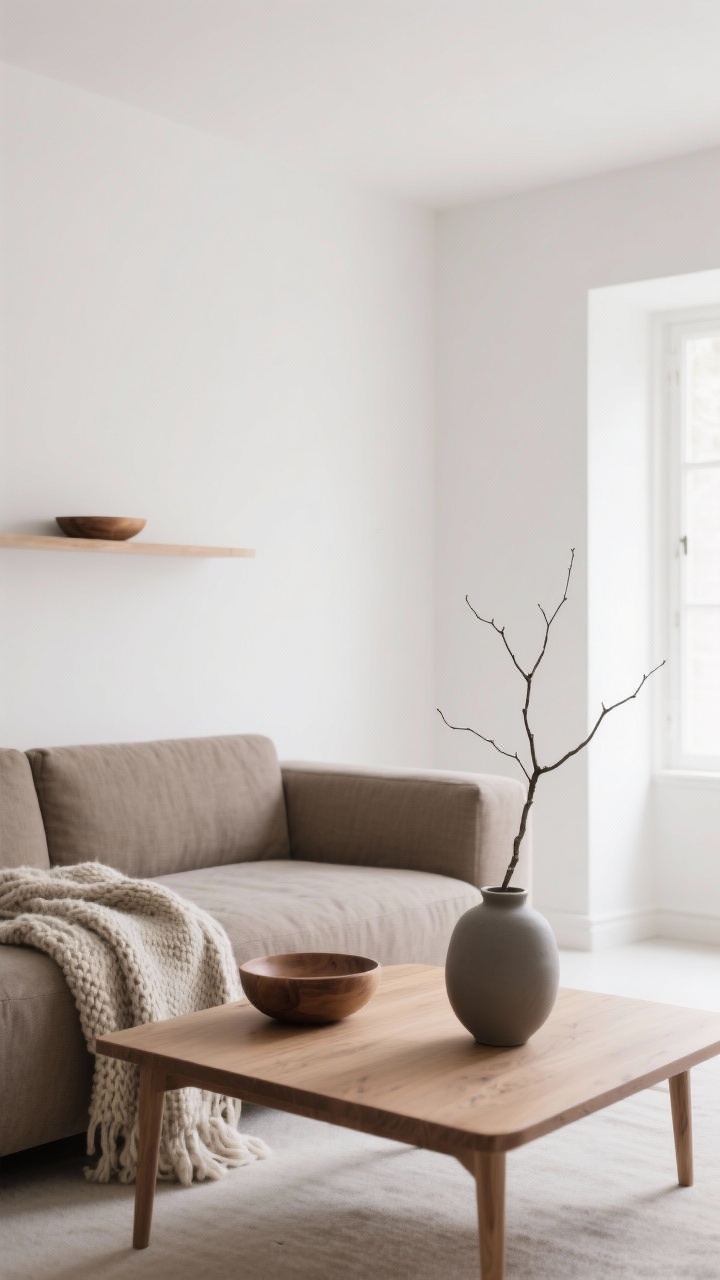 Wide shot of a minimalist living room edited down to essentials: warm white walls, taupe linen sofa, natural wood coffee table, and a single matte ceramic vase with one branch; a chunky wool throw draped neatly, a smooth wood bowl on a shelf, bright summer accents removed; limited palette of warm white, taupe, charcoal, and natural wood; soft winter daylight, clean lines, plenty of negative space, calm spa-like mood, no clutter.
