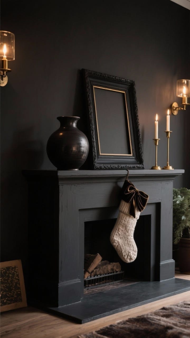 Wide shot of a moody dark mantel palette: charcoal-painted mantel with espresso and deep forest accents; a dark ceramic vase and a black frame anchor the scene; warm brass candleholders add glow; a soft knit stocking with a velvet ribbon breaks up the darkness; low, cocoon-like lighting with rich contrast; straight-on view, photorealistic.