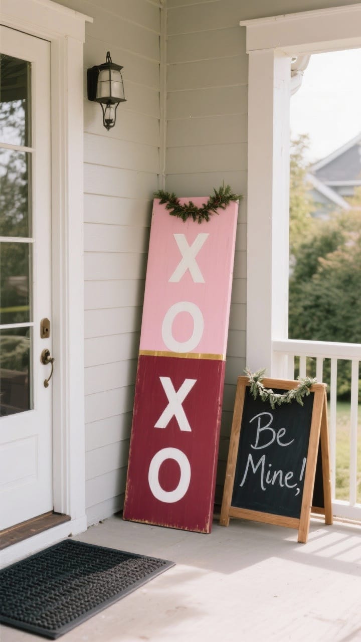 Wide shot of a porch corner anchored by a love-themed sign: a tall vertical leaner sign against the wall reading “XOXO” in a clean font, resting on a rubber pad. Next to it, a chalkboard sign hand-lettered with “Be Mine,” topped with a small garland swag. Include a color-blocked board painted half blush and half burgundy with a thin gold stripe between, leaning nearby. Neutral daylight, graphic and bold.