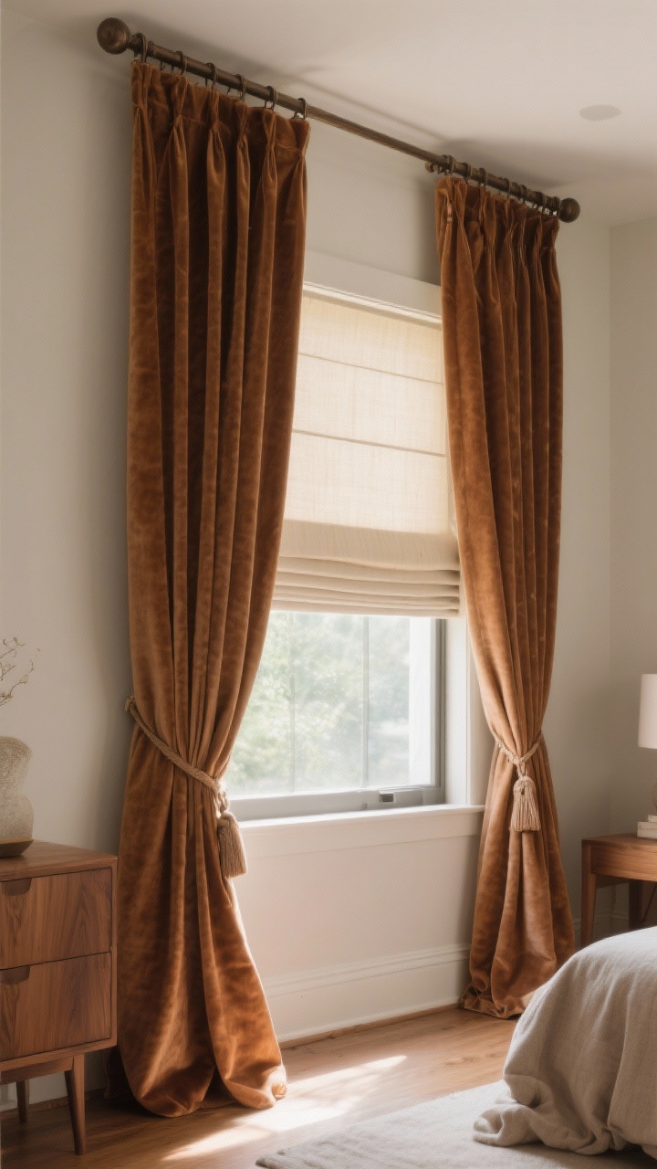 Wide shot of a window wall with upgraded treatments: high-and-wide mounted curtain rod with velvet thermal curtains in warm cocoa, lightly puddling on the floor; layered look with a light-filtering Roman shade in eggshell beneath; heavy linen tiebacks draped loosely; sunlight diffused softly to imply quieter, cozier insulation; room details in warm woods and muted textiles; shot from a slight angle to show height illusion and depth of layers.