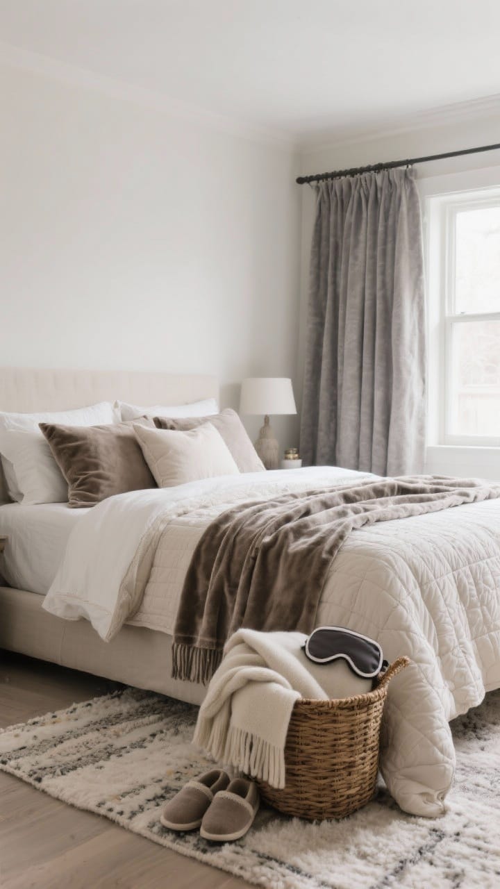 Wide shot of a winter-ready bedroom: layered bed with quilt + duvet + a folded throw at the foot, velvet or flannel shams paired with linen euro pillows; a woven basket beside the bed holding extra throws, slippers, and a sleep mask; heavier curtain fabric at the window and a small rug at the bedside; palette of cream, taupe, and soft charcoal; calm, sleep-friendly lighting.