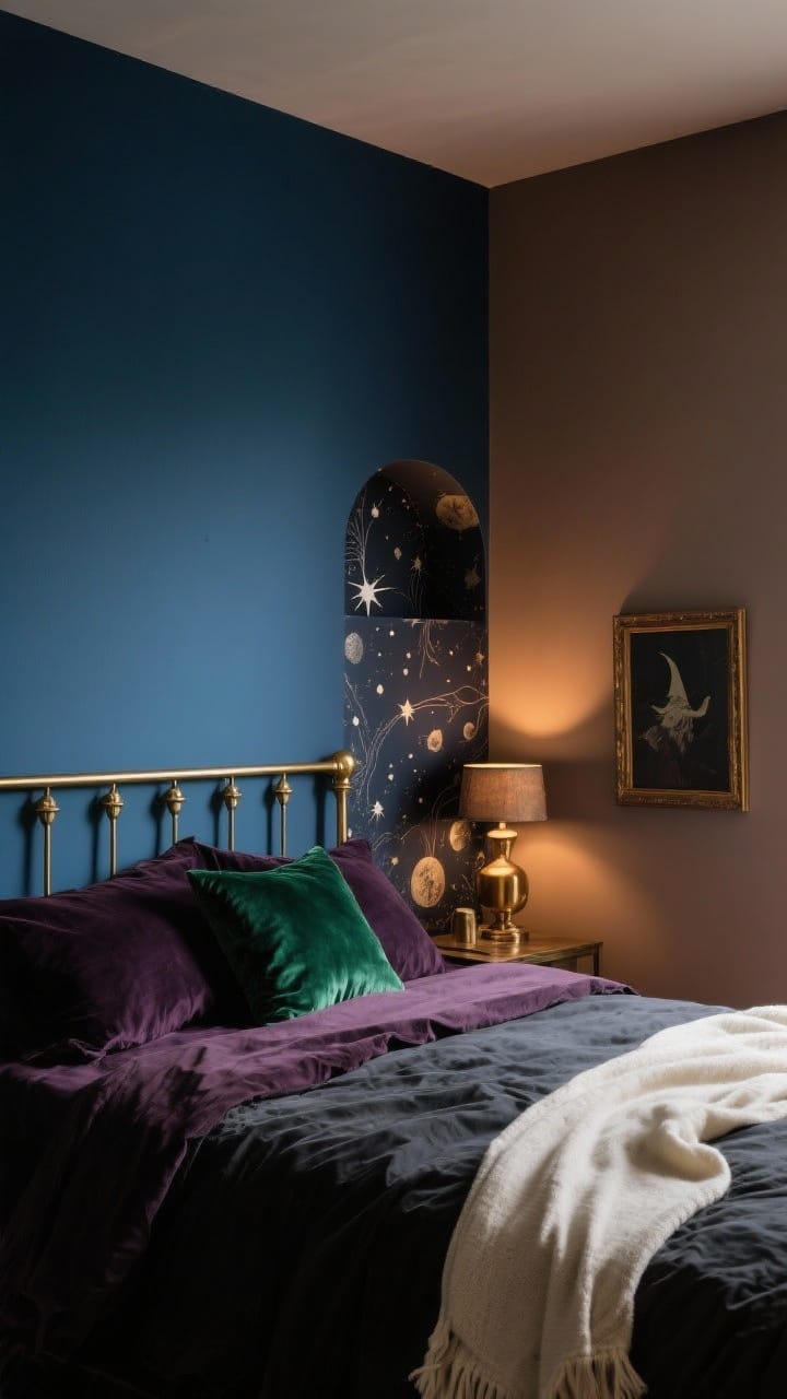 Wide shot of a witchy bedroom showcasing a moody color palette: one accent wall painted ink blue, the other walls in warm taupe; bedding in deep plum and charcoal layered with a cream throw; brushed brass accents on a bedside lamp and picture frame; a forest green velvet pillow; removable wallpaper with subtle celestial motifs on a small niche; soft, warm evening light creating a cozy, mysterious atmosphere.