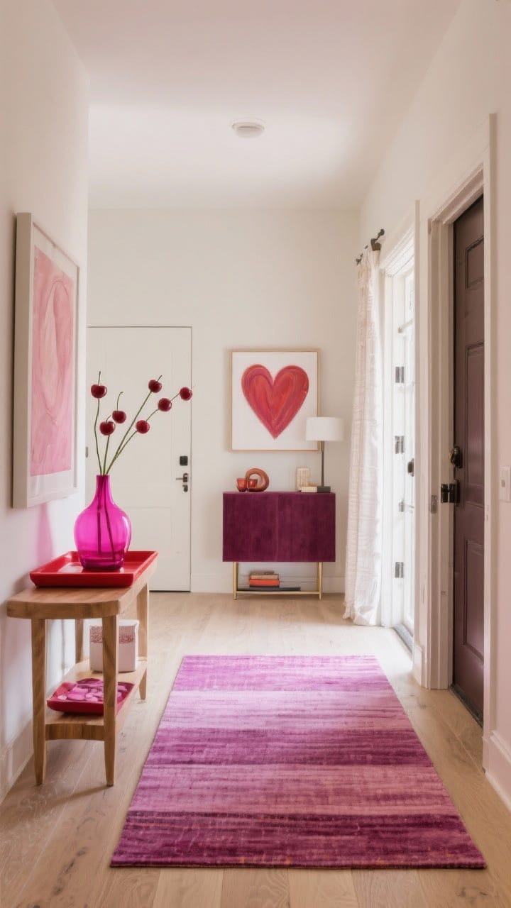 Wide shot of an entryway styled with a curated Valentine palette: blush, mauve, wine, and warm neutrals forming the base, with a pop of cherry or fuchsia repeated three times (e.g., a cherry-red tray, a fuchsia bud vase, and a small art accent); cohesive color placement across rug, art, and accessories; balanced daylight for true color rendering.