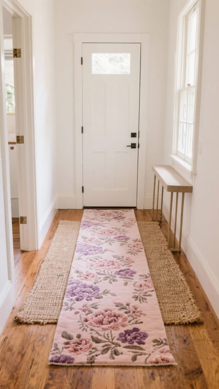 Wide shot of an entryway with a plush runner in blush, mauve, and dusty rose tones featuring a vintage-inspired floral pattern; layered over a larger neutral jute rug for texture; low-pile so the nearby white front door swings freely; soft morning natural light from a sidelight window; warm wood floor, minimal console, subtle romantic mood without clutter.