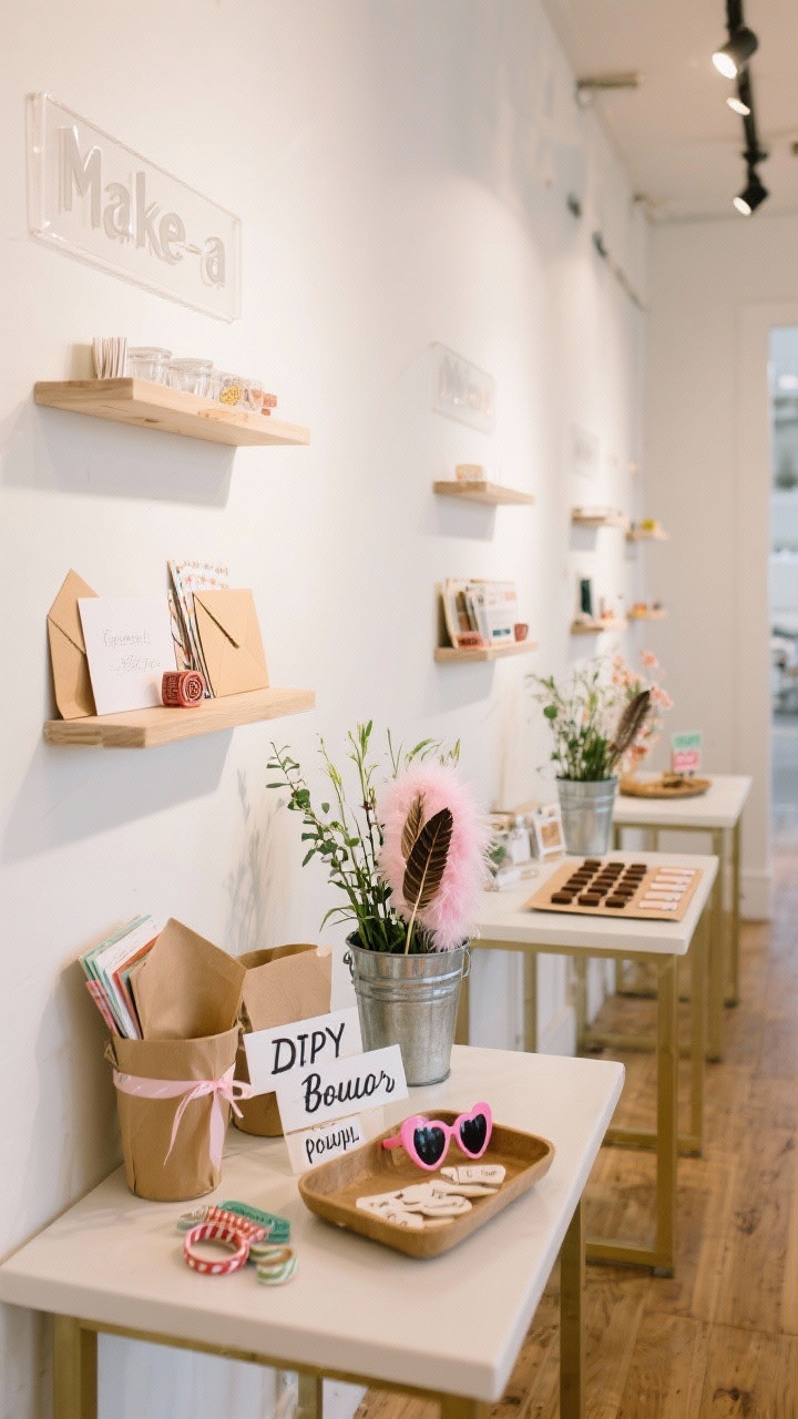 Wide shot of interactive decor stations spaced along a wall: a Make-a-Card bar with cardstock, stamps, washi tape, envelopes; a DIY Bouquet table with buckets of stems, kraft paper, and ribbon; a photo prop tray with heart sunglasses, feather boas, printable pun signs; and a chocolate tasting flight with placemats for rating. Clear signage, tidy layouts on varied heights, bright inviting lighting.