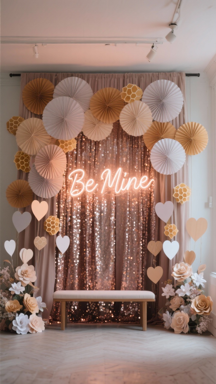 Wide, straight-on photo backdrop: a layered setting with a fabric base (curtain panel or sequined cloth), cascading paper fans, honeycomb hearts, and DIY paper flowers forming depth; a neon sign reading “Be Mine” glowing centrally; a simple bench placed in front for group shots. Even yet soft lighting that flatters photos, editorial feel.