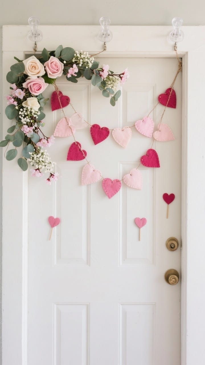 Wide, straight-on shot of a front door framed with asymmetrical Valentine garland: eucalyptus garland woven with blush ribbon, felt hearts, and faux cherry blossoms, heavier on the upper left corner for an artsy balance. Show three clear Command hooks (sides and top) supporting the drape, with floral wire tying in silk roses, baby’s breath, and small heart picks. Daylight, airy and soft.