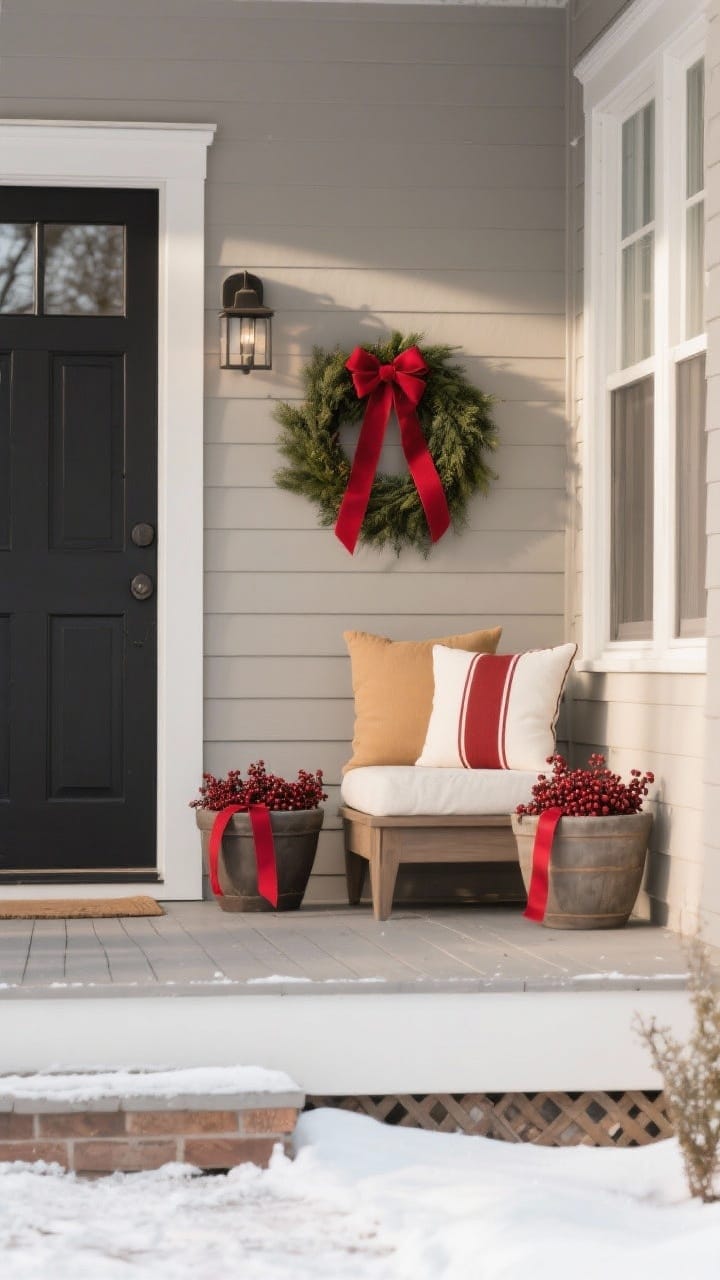 Wide straight-on shot of a neutral winter porch palette with one bold pop: base colors black, cream, and taupe with a repeated accent in burgundy (or choose one combo: Charcoal + Camel + Burgundy). Burgundy ribbon on the wreath, matching planter accents (faux berries or ribbon), and one pillow with a burgundy stripe. Clean, restrained styling; soft afternoon light; matte finishes and natural wood tones.