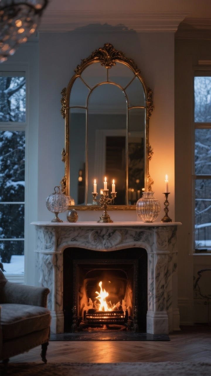 Wide straight-on view of a fireplace with a statement mirror above the mantel: an arched, gilded vintage-style mirror reflecting candlelight and fire glow; antique-style foxed glass adds moody depth; minimal accessories on the mantel to let the mirror shine; dim winter evening ambiance, warm highlights bouncing around the room; photorealistic.