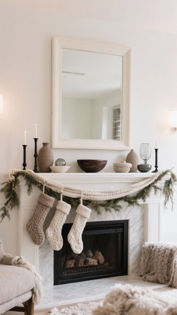 Wide, straight-on view of a winter mantel styled in cozy neutral layers: a large simple mirror anchors the scene; creamy white, warm taupe, and soft gray palette; chunky knit stockings, a linen garland, and a wool runner across the mantel; matte black candlesticks and a dark wood bowl for contrast; mix of matte ceramics and glossy glass objects for varied sheen; soft warm-white ambient lighting, no people, photorealistic.