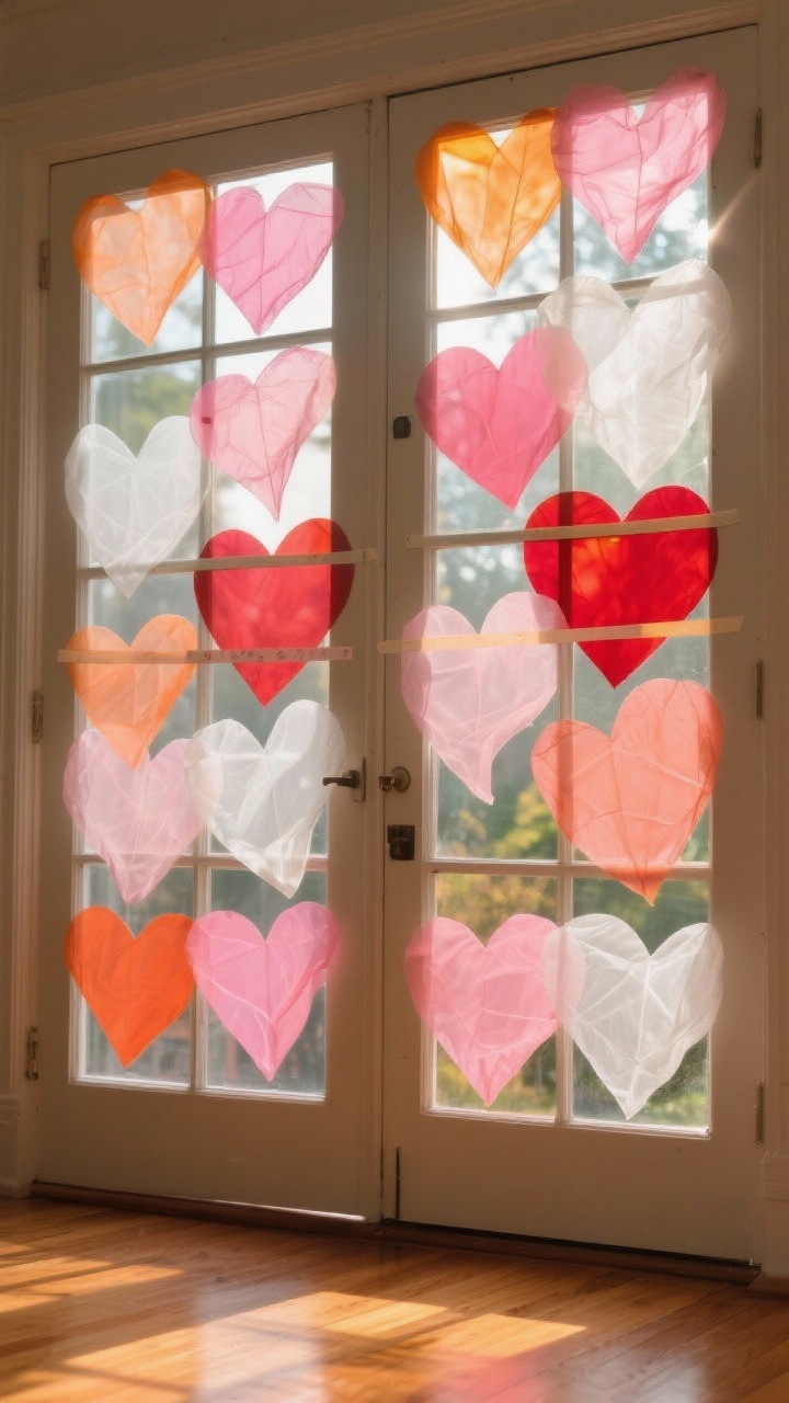 Wide window scene featuring translucent tissue and vellum hearts layered on glass doors: hearts in varying sizes of pinks, reds, and soft oranges, plus a few white vellum hearts for a frosted look; overlapping shapes create stained-glass color blends; secured with discrete washi tape; photographed during golden hour with sun streaming through, casting colorful light onto a hardwood floor for a dreamy glow