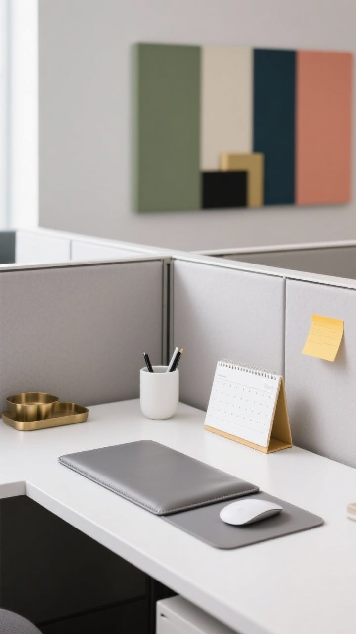 Photorealistic medium shot of an office cubicle desk styled around a cohesive color palette: soft gray, crisp white, and a pop of mustard. Include a gray leather mouse pad, white ceramic pen cup, minimalist white desk calendar, and mustard sticky notes. Optional palette alternates subtly present in background props: sage green and cream with black accents, or coral, navy, and gold, plus taupe, white, and brushed brass details. Clean, intentional layout with fewer, larger color moments. Neutral wall panels, soft daylight, no people, straight-on view emphasizing the harmonious color story.