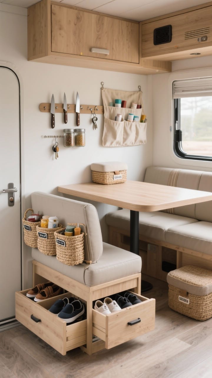 Medium shot of a compact camper dinette area with cute storage: under-seat drawers partially pulled out revealing neatly organized shoes and pantry items, matching natural-fiber baskets labeled and aligned, a magnetic strip on the wall holding knives, spice jars, and keys, an over-door fabric organizer for toiletries, a small ottoman with lid for hidden storage, cohesive natural materials and light tones, clean and intentional look, photorealistic.