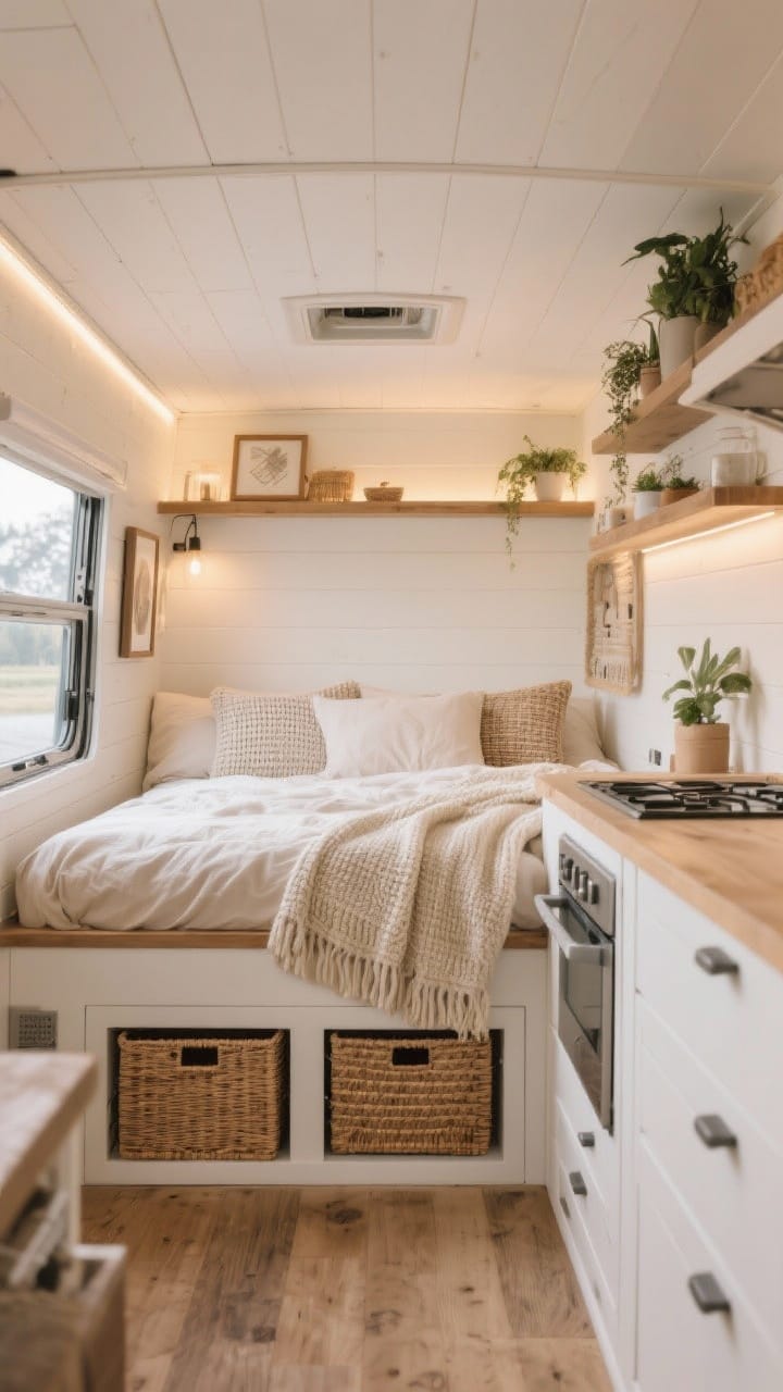 Wide concluding scene of a tiny camper interior tying it all together: light palette with white ceiling and cream walls, layered textures (linen, rattan, knit), smart storage with matching baskets and under-seat drawers, warm layered lighting at 2700K to 3000K, selective peel-and-stick accents, inviting bed with neutral sheets and textured throw, micro kitchen with open shelves and matte hardware, art ledge and low-maintenance plants, cohesive and personal, no people, photorealistic.