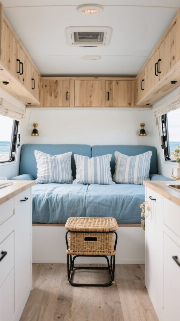 Wide shot of a cohesive themed camper without kitsch: a modern coastal scheme with soft blues, white oak cabinetry and accents, linen textiles, and a couple of subtle striped pillows; repeated trio of elements (color: soft blues, texture: linen and rattan, metal: matte black or brushed brass) appearing throughout, clean lines and balanced materials, calm and polished, photorealistic.