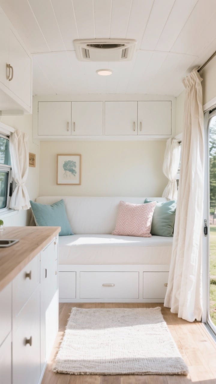 Wide shot of a small camper interior flooded with daylight, featuring crisp white cabinets with satin finish, soft cream walls, a lighter white ceiling for a heightened feel, pale textured rug, linen curtains pulled to the sides letting in light, subtle accents in dusty blue, sage, and blush through small pillows and art, minimal patterns reserved for throw pillows, overall airy and bright mood, no heavy patterns on large surfaces, photorealistic.
