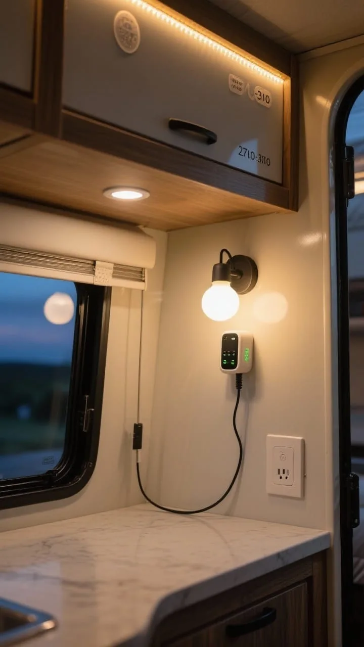 Warm LED puck lights and a battery sconce under camper cabinets, an easy no-wiring lighting upgrade on a budget