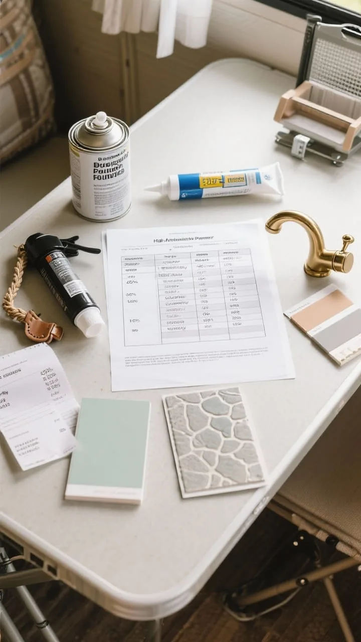 Flat-lay of camper renovation budget planning with paint chips, swatches, a priority list, and primer on a camper table
