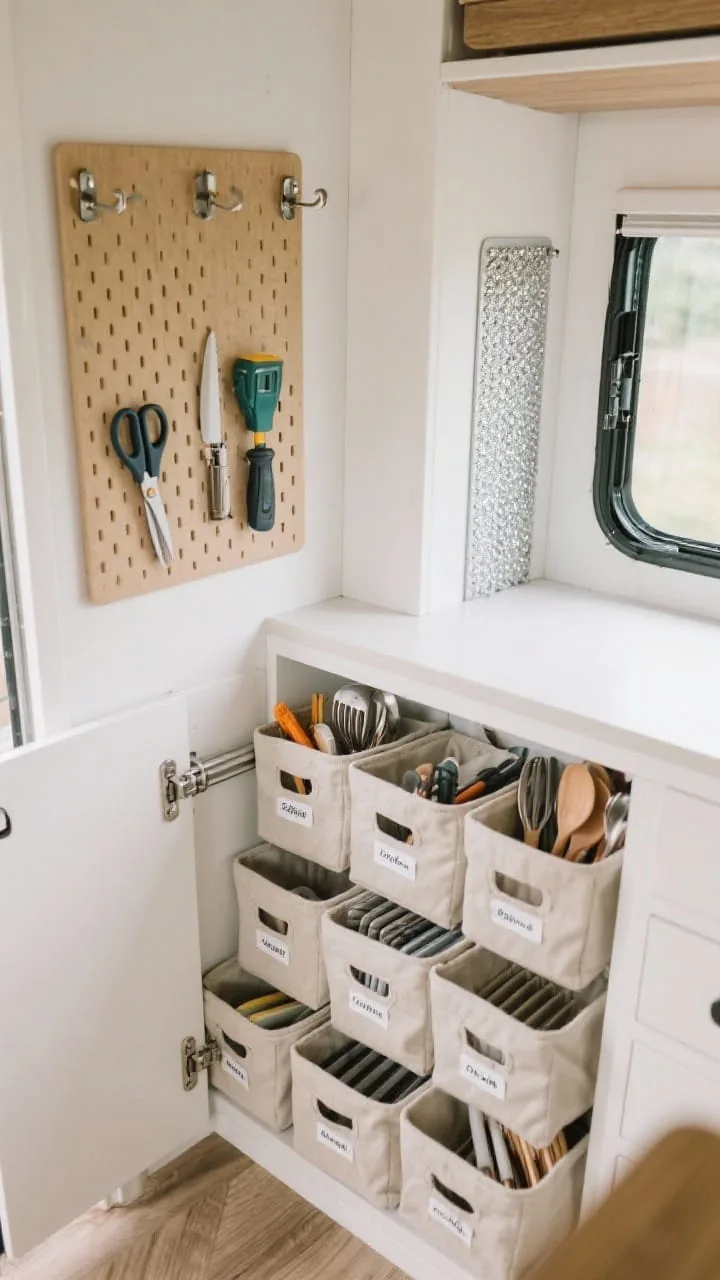 Smart camper storage with labeled collapsible bins, drawer dividers, and a tension rod inside a cabinet, a budget organizing idea