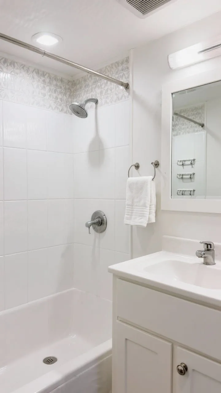 RV bathroom with vinyl wall panels, a freshly painted vanity, and a framed mirror, a low-cost camper bathroom refresh