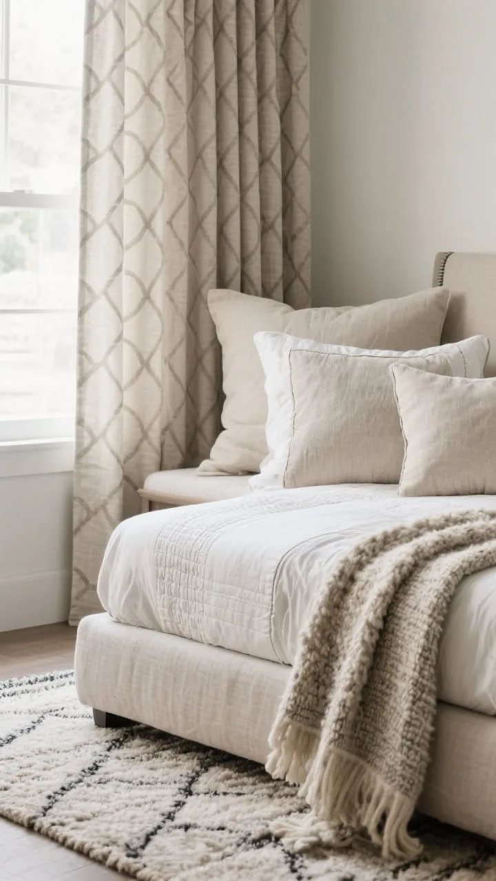 Closeup textile detail of upgraded fabrics: blackout curtains in a soft neutral, performance fabric cushion covers (Crypton or outdoor-rated) in modern patterns within the same color family, layered bedding with a fitted sheet, quilt, and a casually thrown textured throw. Include a wool or indoor-outdoor low-pile rug edge in frame, showing easy-clean texture. Soft, diffused daylight enhances fabric weave.
