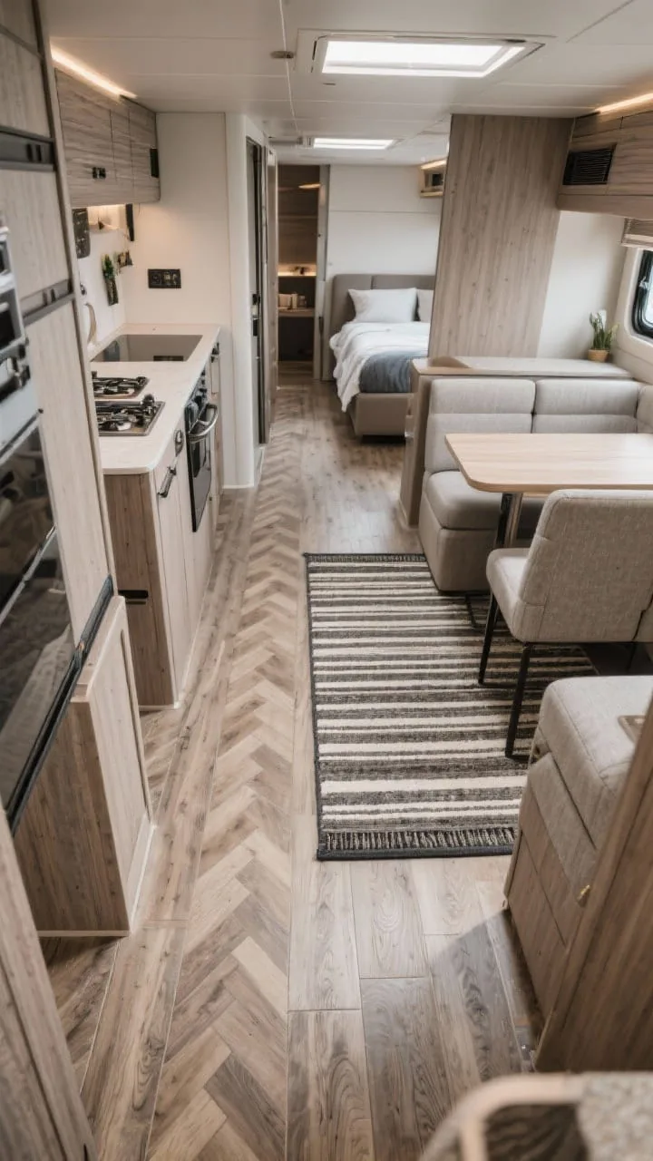 Wide overhead shot defining zones with floors and rugs: luxury vinyl plank flooring in a narrow plank or subtle herringbone pattern running lengthwise, a striped runner in the galley kitchen zone, and a small low-pile rug under the dinette to frame it. Colors cohesive across spaces to connect kitchen, lounge, and sleeping areas. Show rubber-backed rugs that look secure for travel.