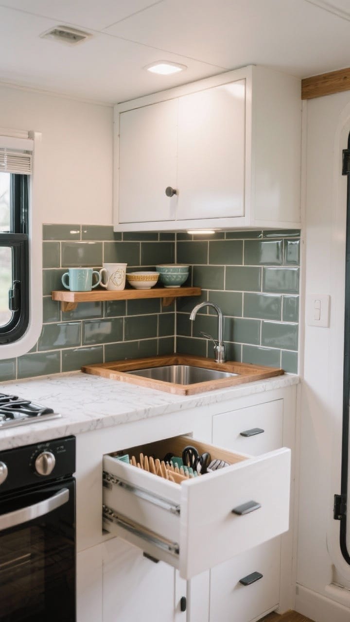 Corner angle medium shot: A mini camper kitchen refresh: peel-and-stick subway tile backsplash, a vinyl-wrapped countertop with a custom wood insert over the sink for added prep space, one small open shelf showcasing pretty mugs and bowls, and organized drawer dividers slightly open to reveal neat utensil zones. Clean, bright task lighting around 3500K, photorealistic.
