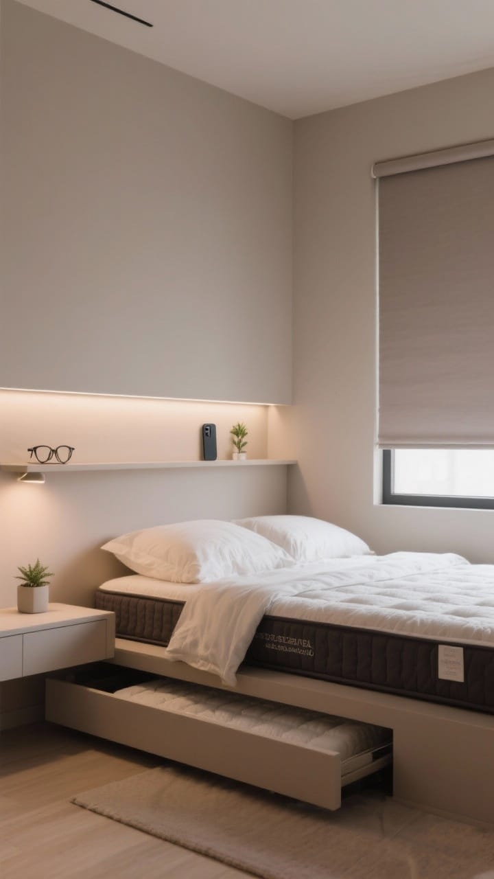 Cozy medium shot: A flexible sleeping nook: gel-foam mattress topper under crisp bedding; tone-on-tone palette that matches the wall color family; blackout roller shades mounted snug to block light; a slim headboard shelf holding a phone, glasses, and a tiny plant; suggestion of under-bed storage for a convertible or lift bed concept. Soft, warm bedside lighting, photorealistic.