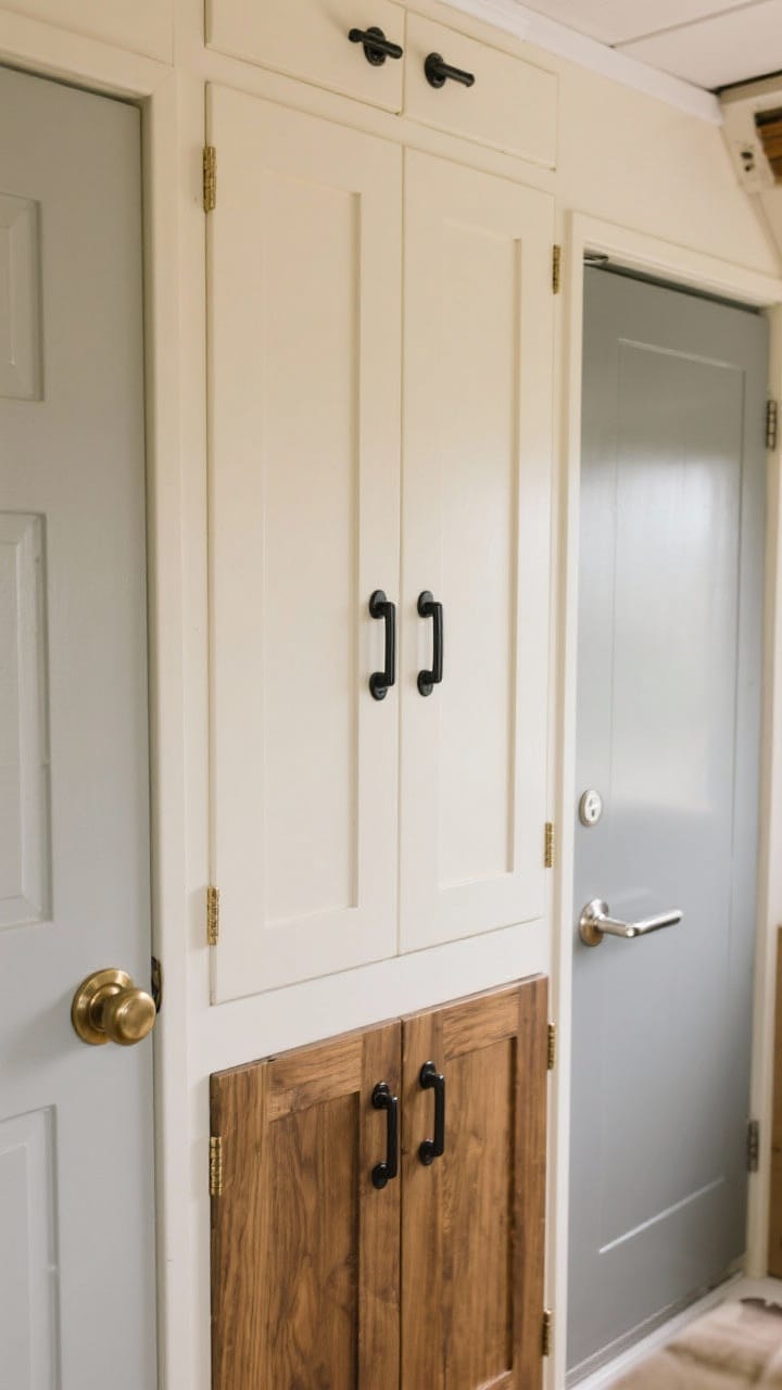 Detail closeup: New cabinet hardware assortment installed on creamy painted doors in a small camper: matte black pulls on warm wood-grain lower cabinets, brushed brass knobs on creamy uppers, and a polished nickel handle on a cool gray bathroom cabinet. Include the entry door lever in matching finish. Soft, even lighting to show metal textures, photorealistic, no people.