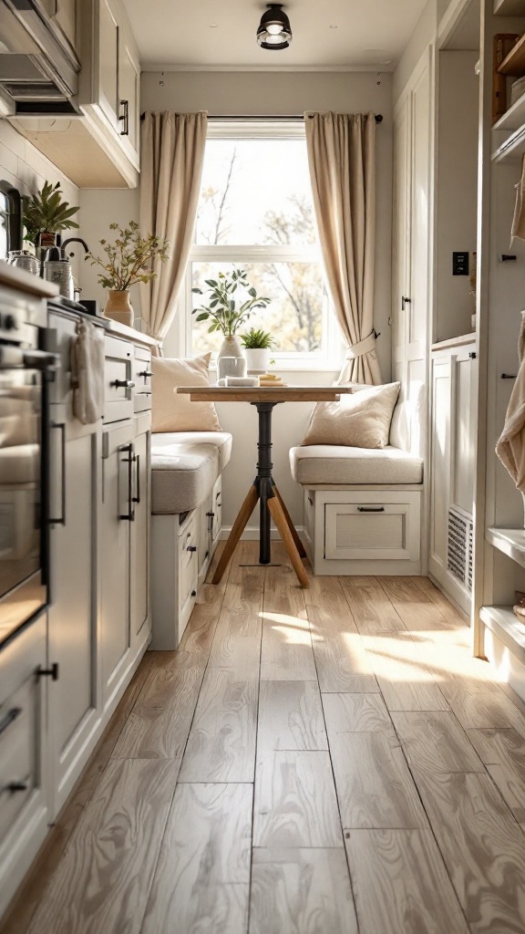 Low-angle wide shot: Smooth camper flooring upgrade: neutral vinyl plank (LVP) laid lengthwise to visually extend the space, minimal thresholds, with a small adjacent area in sheet vinyl for durability; optional peel-and-stick patterned tiles confined to the entry zone. Daylight highlighting wood-look texture, clean and modern, photorealistic.