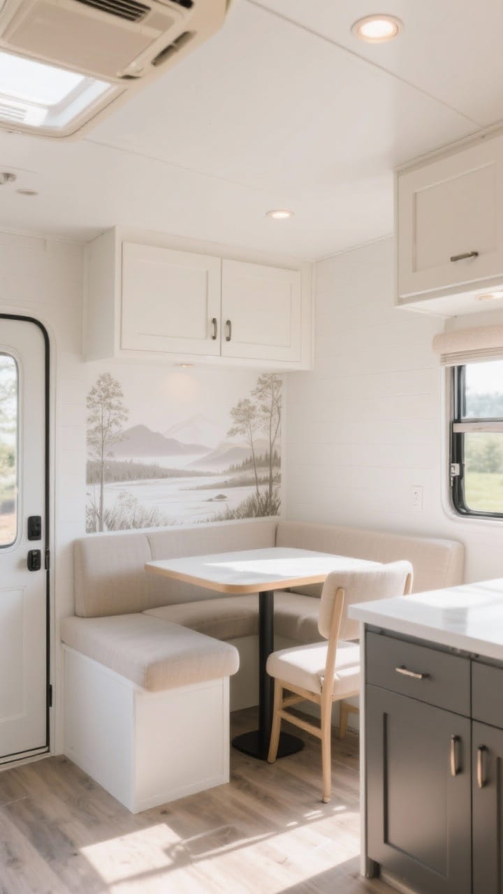 Wide shot: A small camper interior painted in soft white with pale greige undertones, warm beige accents, matte/satin finish walls that bounce natural light; two-tone cabinets with light uppers and darker lower cabinets; a peel-and-stick mural as a feature wall behind the dinette; cozy, neutral styling. Corner angle perspective, bright daylight, photorealistic, no people.
