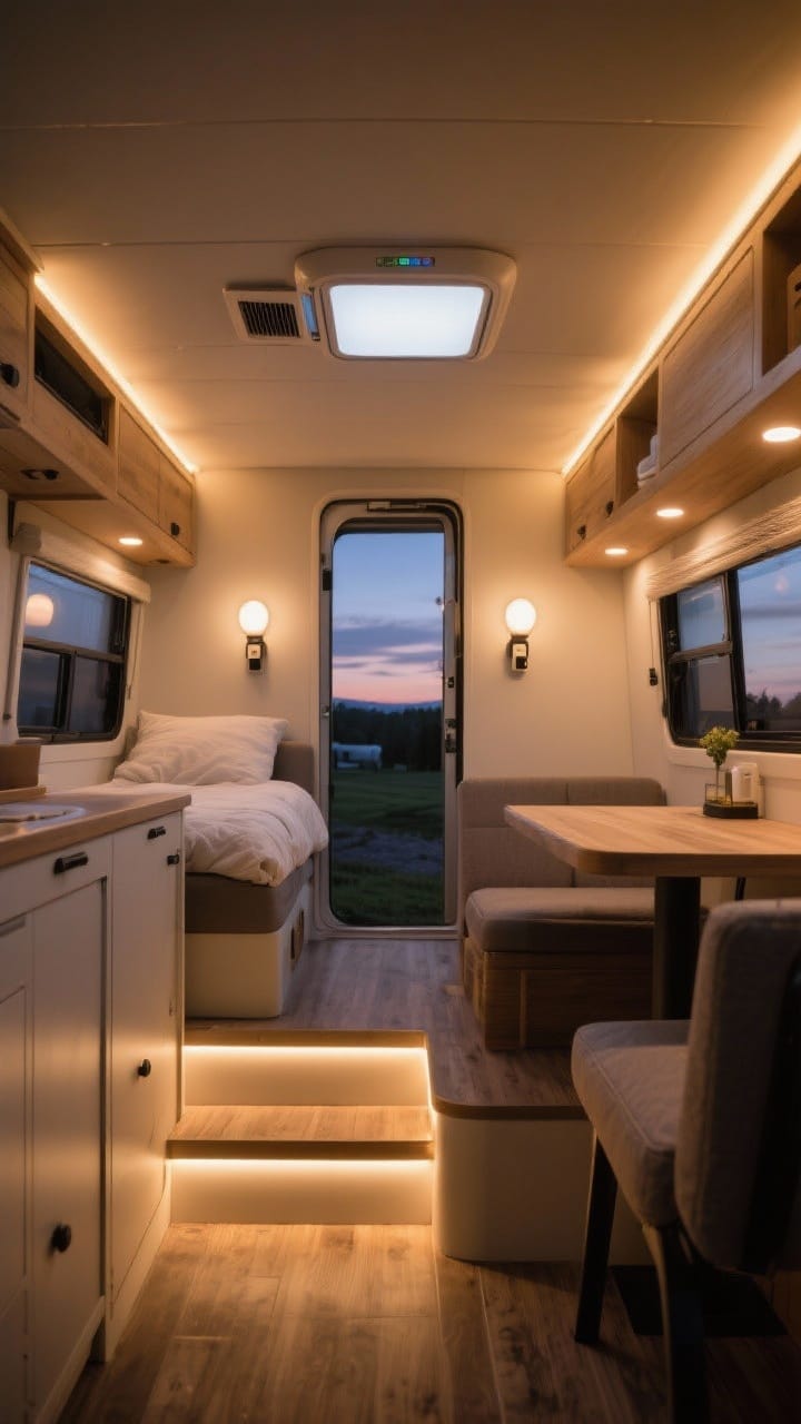 Wide shot at dusk: Layered lighting inside a small camper: warm LED puck lights for ambient glow (2700–3000K), dimmable overhead fixture, battery-powered plug-in style sconces by the bed and dinette for task lighting, and subtle LED strip lights under cabinets and along steps for accent. Balanced, cozy illumination, photorealistic, no people.