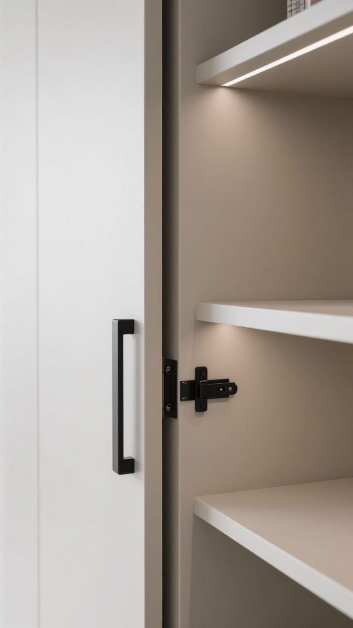 Detail closeup: Slim, space-smart hardware, matte black finger pulls on narrow cabinetry, soft-close hinges visible on an open door, and lipped shelves with a subtle raised edge preventing items from sliding; clean lines, modern feel; softly lit to emphasize finishes and edges.