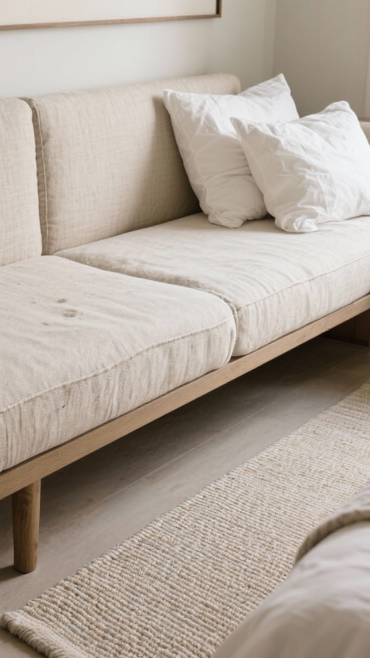 Detail closeup: Upgraded textiles, a performance canvas banquette cushion with tight weave, a neatly layered linen duvet and cotton sheets, and a low-pile washable woven runner underfoot; subtle patterning on the upholstery to hide stains; natural, soft light highlighting durability and texture.