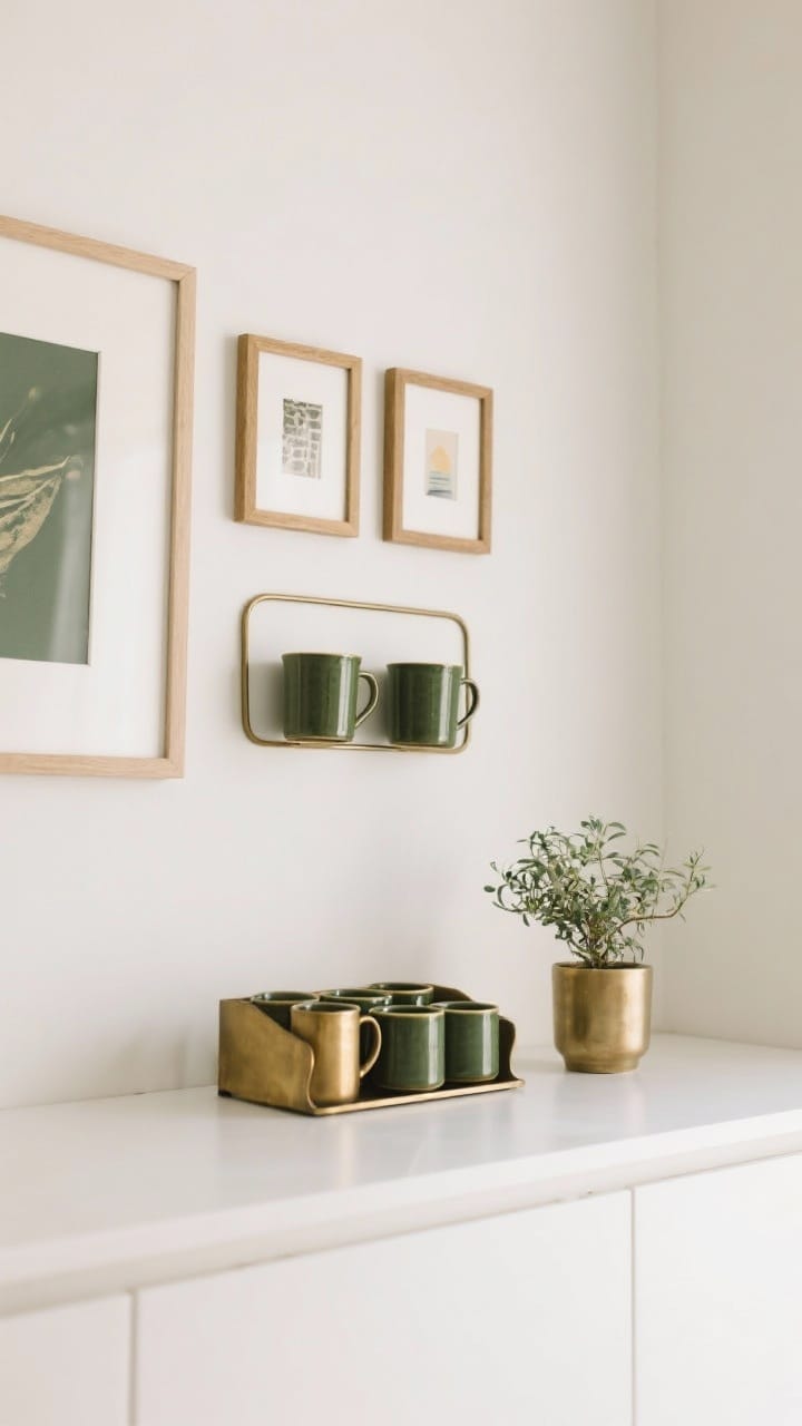 Detail shot, straight-on vignette: Curated capsule decor, 3-color rule in action with a warm white neutral, olive accent, and brushed brass as the metallic; a tight grouping of small framed art, two handsome mugs displayed while others are stored, and a petite hardy plant; minimal but intentional styling.