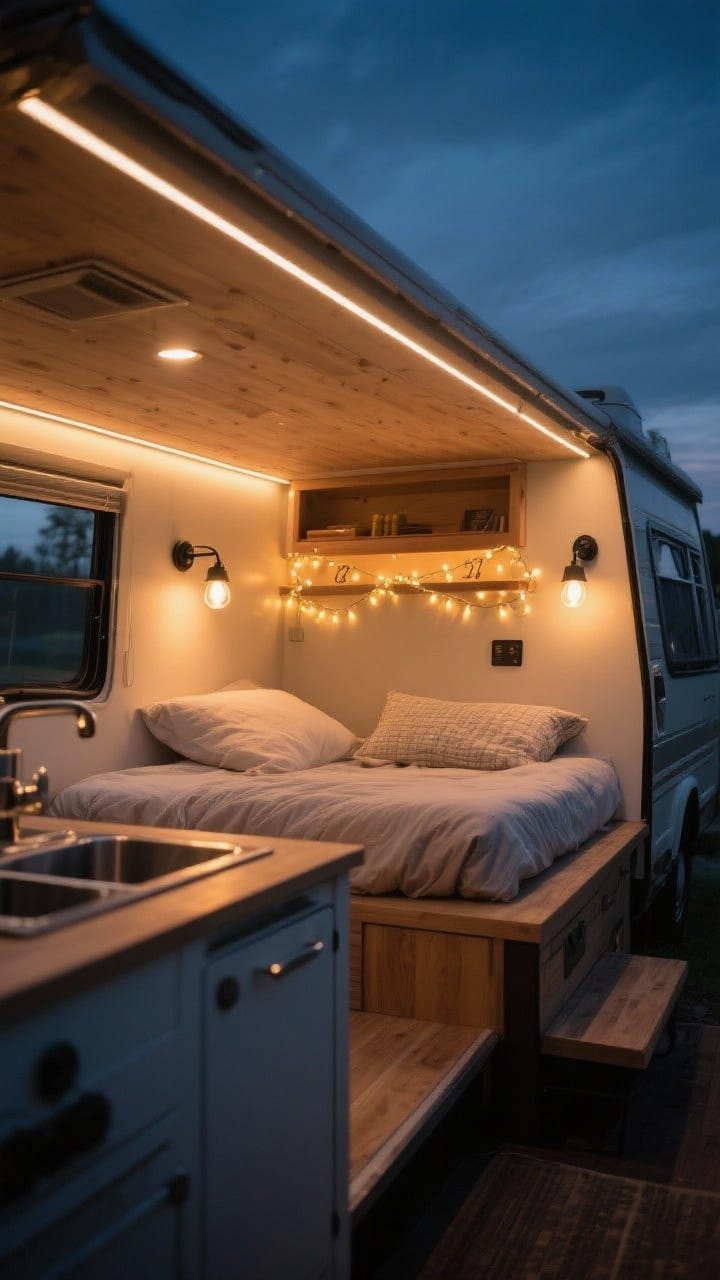 Evening mood, wide shot: Layered lighting in a small camper, low-profile LED strip along ceiling for ambient glow, swiveling sconces over the bed and galley for task light, and fairy lights tucked along a shelf for accent; warm bulbs at 2700-3000K with dimmed, cozy atmosphere; no overhead glare.