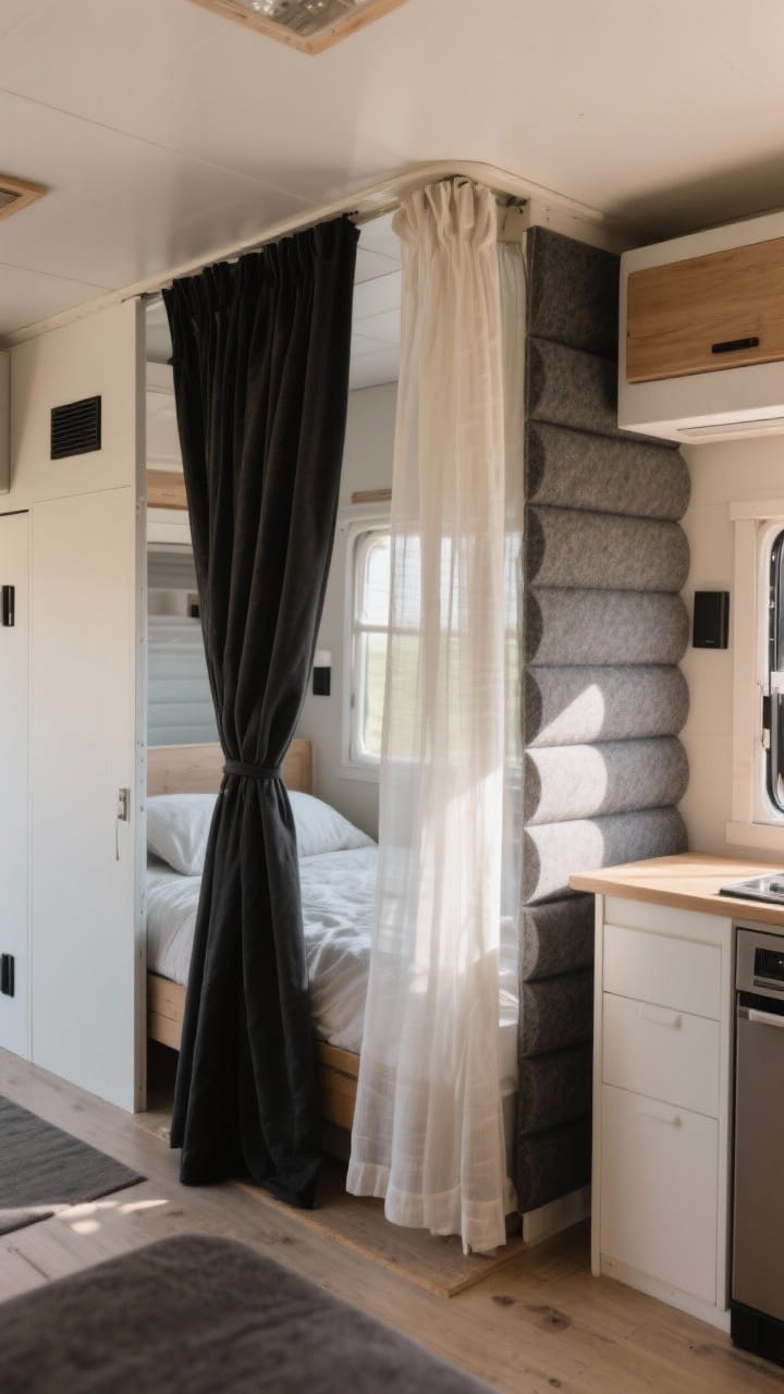 Medium, corner angle: Soft partitions in a camper, blackout curtain pulled to separate a sleeping nook, sheer curtain between living and kitchen filtering light, and thin felt acoustic sliding panels stacked to one side; layered textiles adding warmth and privacy without bulk; gentle, diffused daylight.