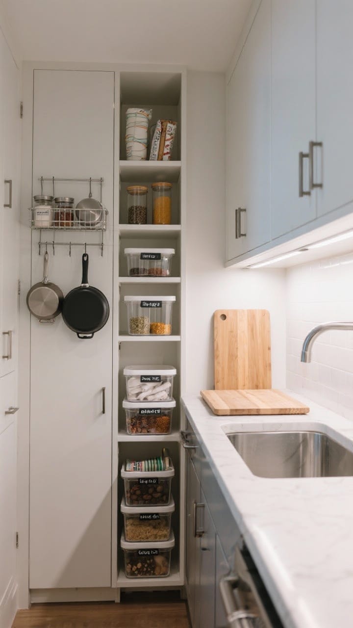 Medium shot, galley kitchen: Smart storage maximized, racks on inside cabinet doors holding pot lids, spices, and wraps; clear stacking bins labeled and nested in a narrow pantry; a cutting board perfectly covering the sink to create extra prep space; compact, efficient layout with bright task lighting.