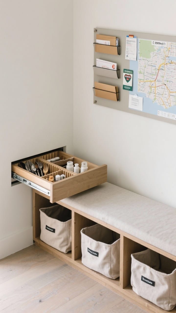 Medium shot, organization focus: Hidden systems at work, a drawer open to show neat dividers for utensils and toiletries, soft fabric bins tucked under a bench holding labeled categories, and a shallow wall-mounted command center organizing mail, maps, and park passes; minimal visible clutter, calm tones.