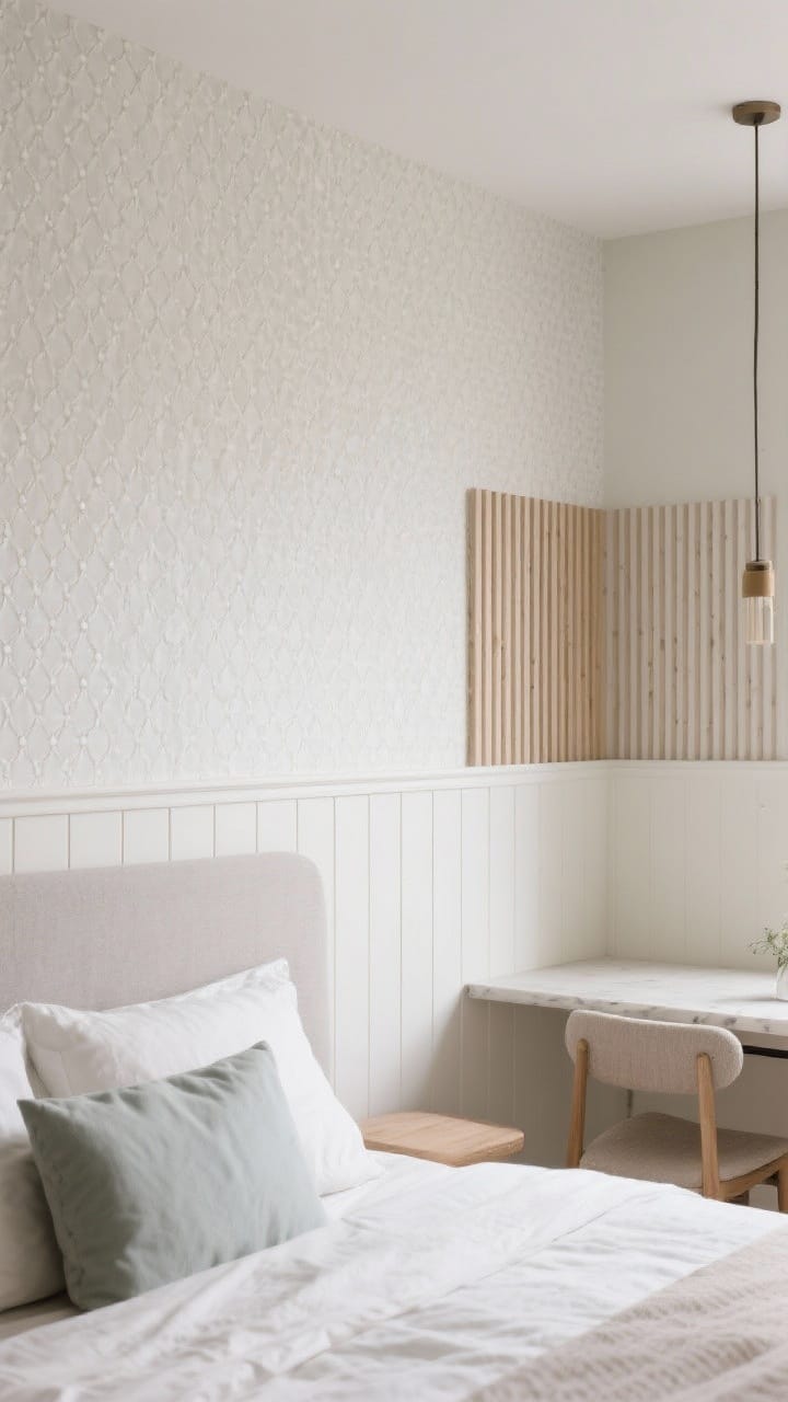 Medium shot, wall texture focus: Lightweight wall treatments, a peel-and-stick wallpaper accent behind a headboard in a subtle pattern, faux beadboard (beadboard wallpaper) along the dining nook wainscot, and thin wood slat strips on a small panel adding modern warmth; calm palette and tactile depth.