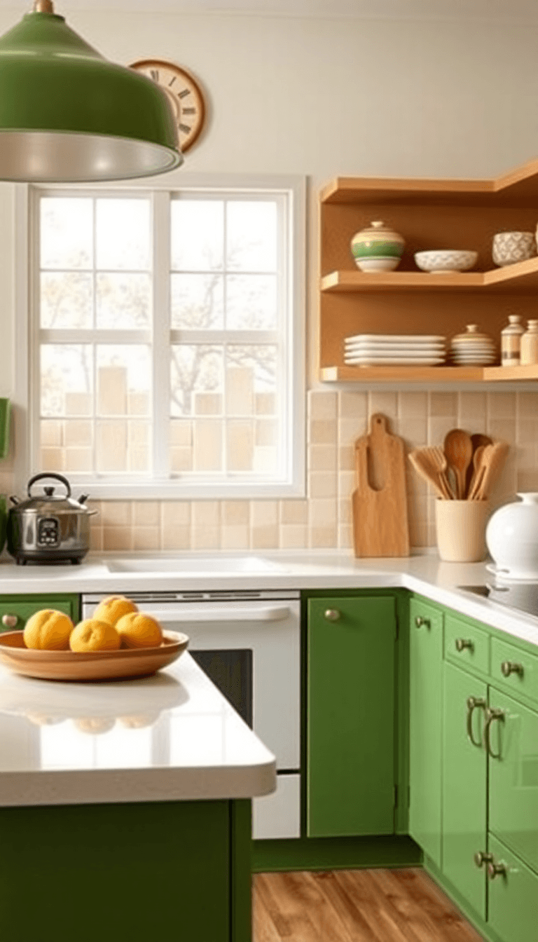 Avocado & Almond Retro-Inspired Galley With Glossy Accents