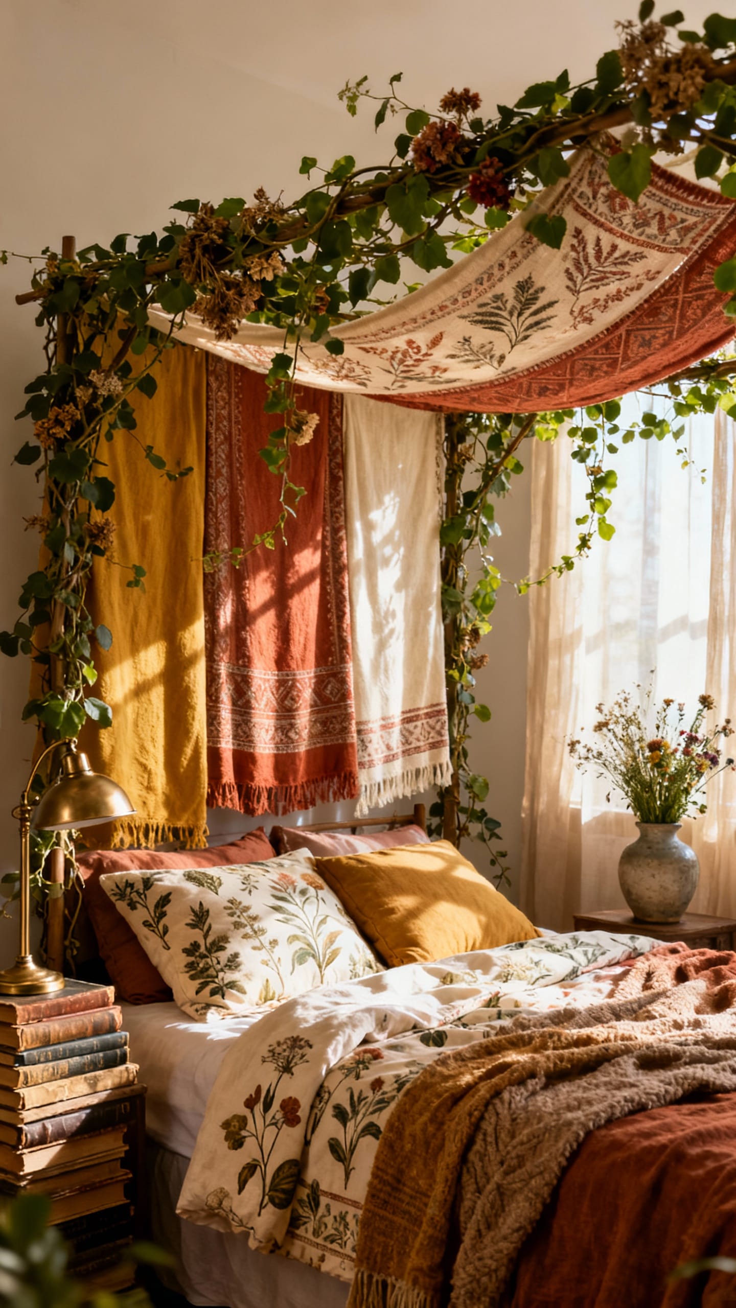 Bohemian Vine Canopy With Layered Textiles