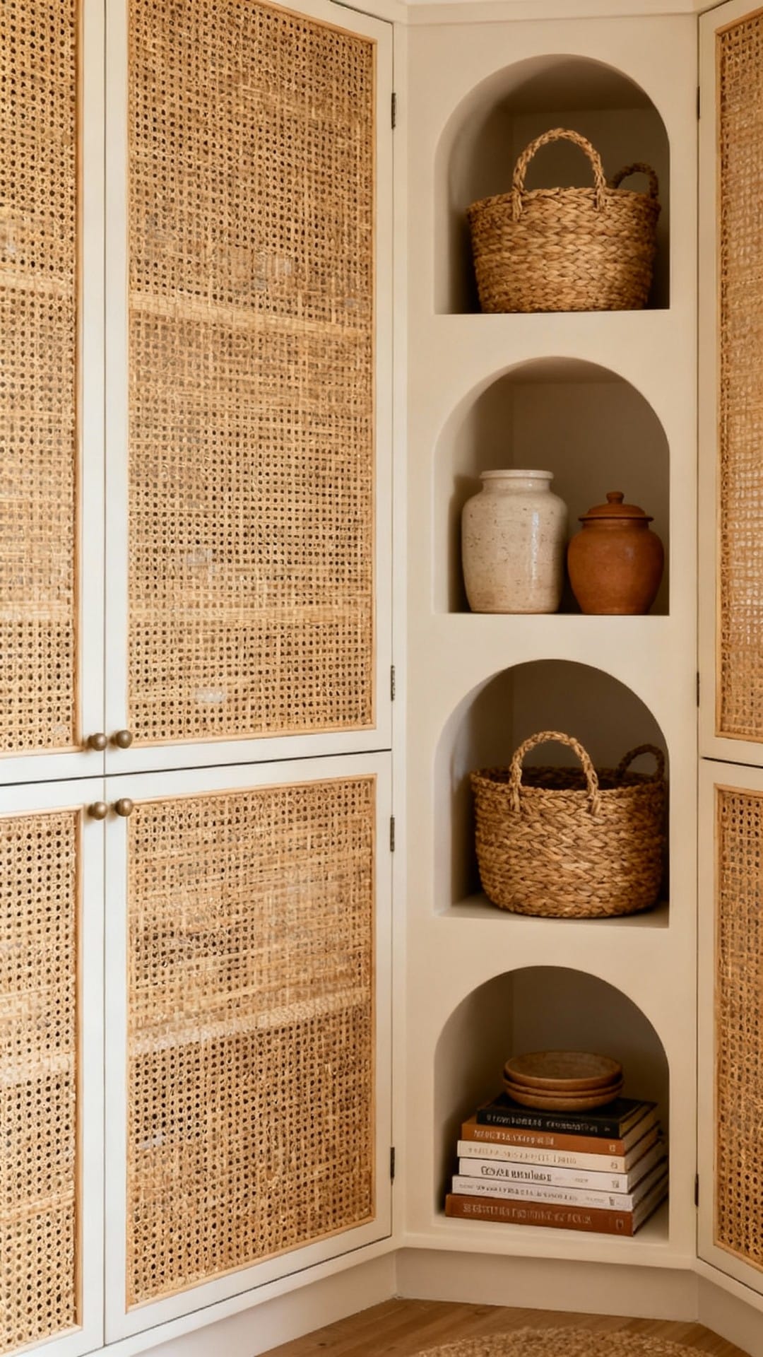 Boho Pantry With Cane Panels and Open Niches