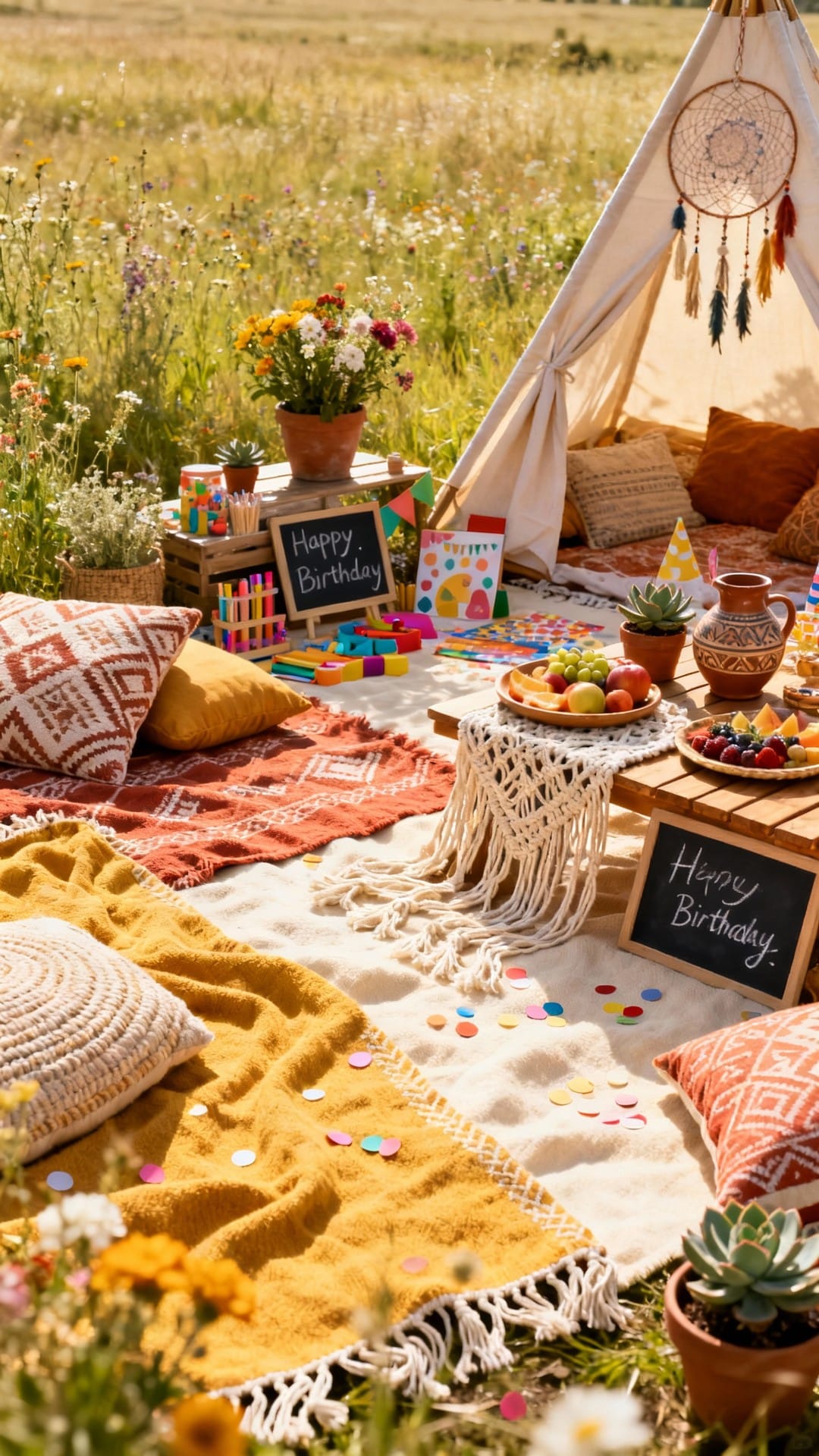 Boho Picnic Meadow With Layered Textiles